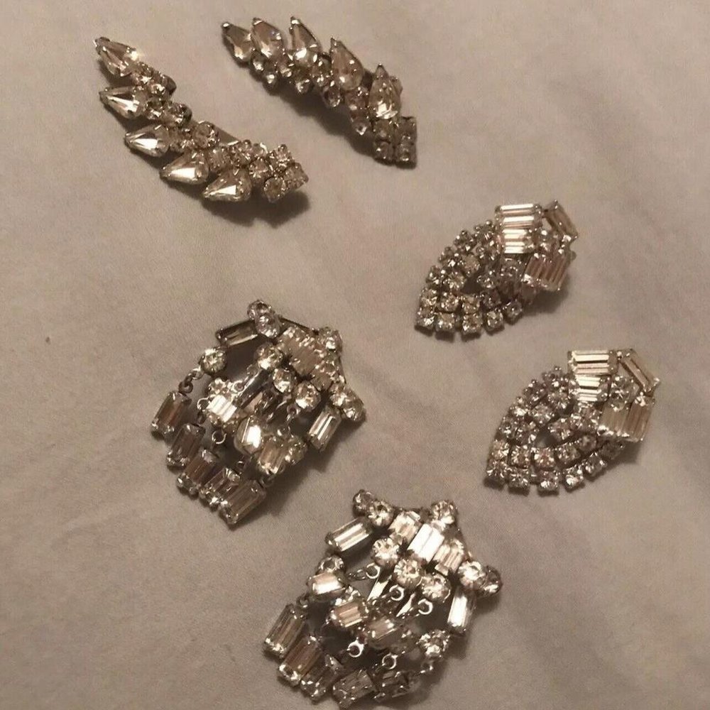 Lot Of 3 Prong Set Rhinestone Silver Tone Costume Earrings Screw On Clip on